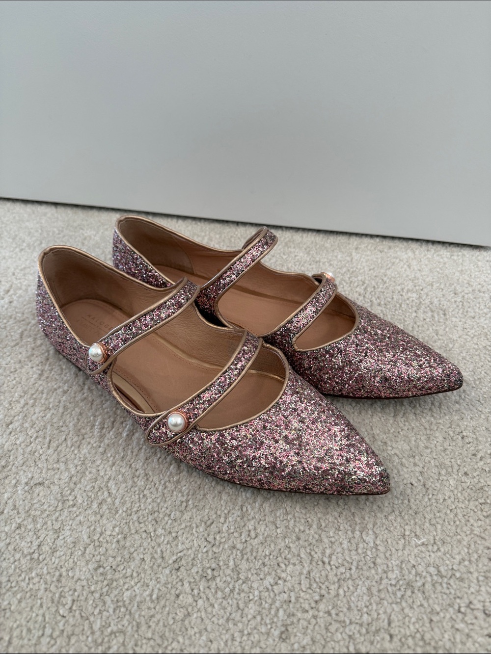 Halogen Rose Pink Glitter Mary Jane Flats with Pearl Strap